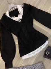 Lunivop Sexy Elegant V-neck Knitted Pullover Women Black Y2k Fashion Long Sleeve Sweaters Simple Casual Slim Aesthetics Tops