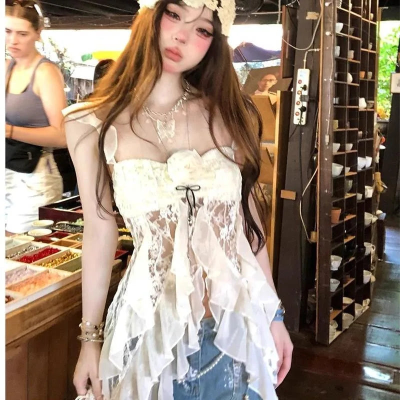 Lunivop  American Vintage Lace Strap Vest Women Summer Sleeveless T-shirts 2000s Retro Clothing Harajuku Korean Tees Design Y2k Crop Top
