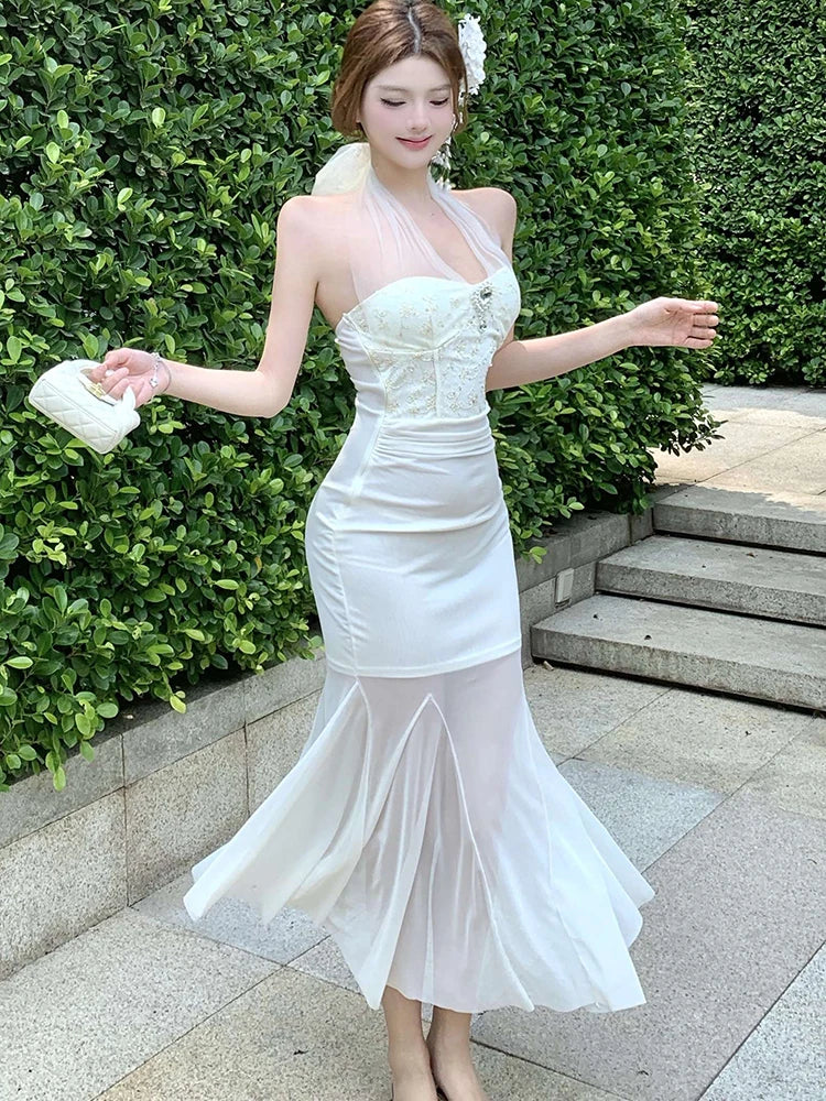 Lunivop  Summer White Mesh Patchwork Ruffled Mermaid Dress Women Elegant Diamonds Neck-mounted Sexy Dress 2025 Korean Luxury Party Dress