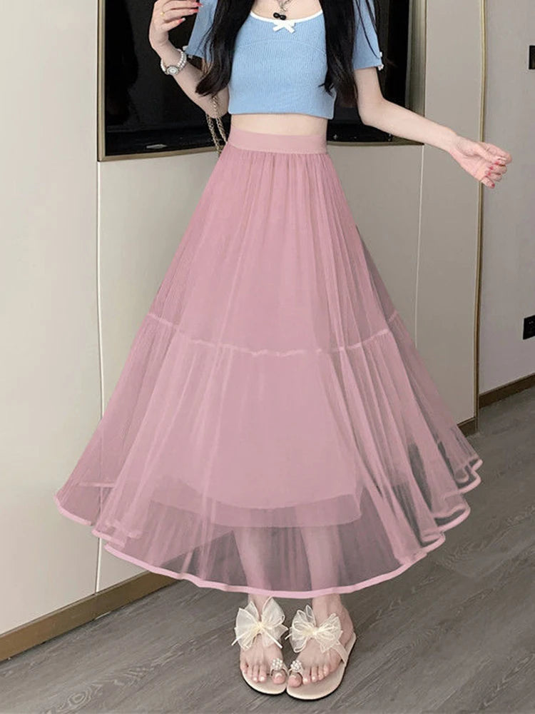 Lunivop Elegant Tulle Midi Skirt Women Sweet High Waist Mesh Pleated Skirts Korean Fashion Loose Cute Solid Casual A Line Skirt New