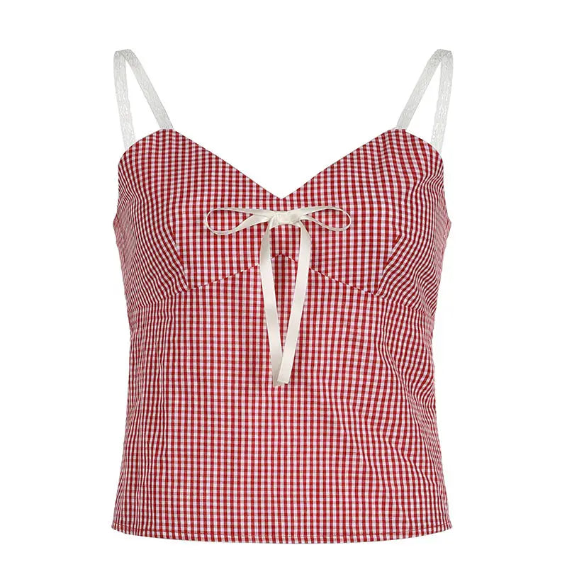 Lunivop  Kawaii American Girl Plaid Bow Sweet Suspender Vest Plaid Lace Strapless Blouse Y2k Design All-match Girls Camisole