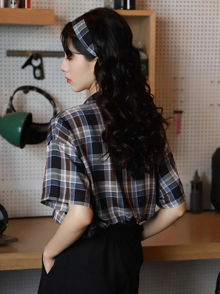 Lunivop  Loose Retro Plaid Shirt Women Short Sleeve Casual Vintage Blouse Summer All Match Japan Preppy Style Single Breasted Tops