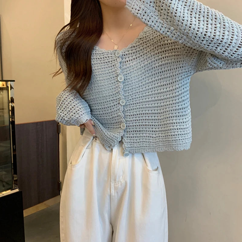 Lunivop Women Button Up Short Cardigan Knitted Shirt Hollow Out Crochet Crop Top Long Sleeved Thin Cover Up Teen-girl Casual Outfit