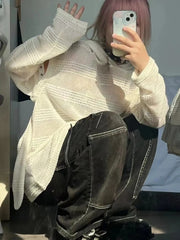 Lunivop  Rabbit Ears Hooded Knitted Pullover Women Autumn Holllow Out Loose Sheer Detachable Sleeves Sweater Gothic Y2k Tops Ins