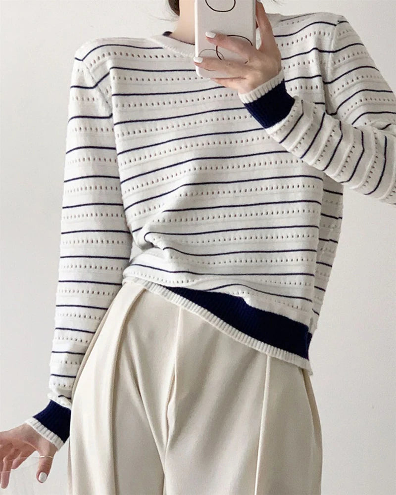 Lunivop Vintage Elegant Striped Sweaters Women Loose O Neck Hollow Out Knitted Pullover French Retro Long Sleeve Casual Jumper Tops