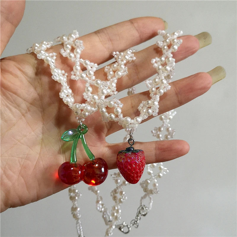 Lunivop Kpop Goth Vintage Cute Charm Cherry Strawberry Pendant Pearl Choker Necklace Women 2000s Y2K EMO Rave Jewelry Scene Accessories