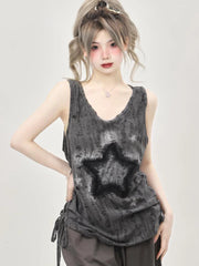 Lunivop  Hole Retro Y2K Tanks Women Streetwear Loose Star Print Harajuku Tanks American Hip Hop V Neck Shirring Gothic Tops Summer