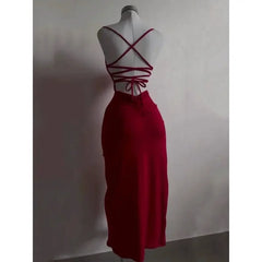 Lunivop Women Sexy Red Party Midi Dress Lace-up Irregular Split Long Dress Summer Halter Strap Spice Girl Bag Hip Clothes Solid