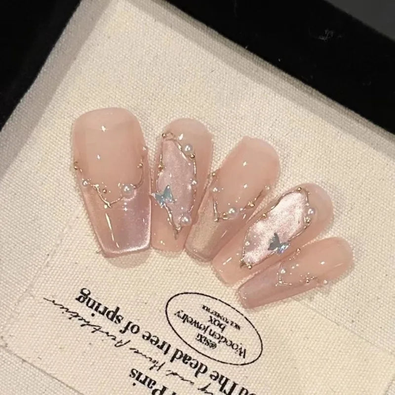 Lunivop  10pcs Handmade Girls Glued Press on Nails Pink Self-adhesive False Nails with Glue Medium Long Square Winter Stick-on Nails