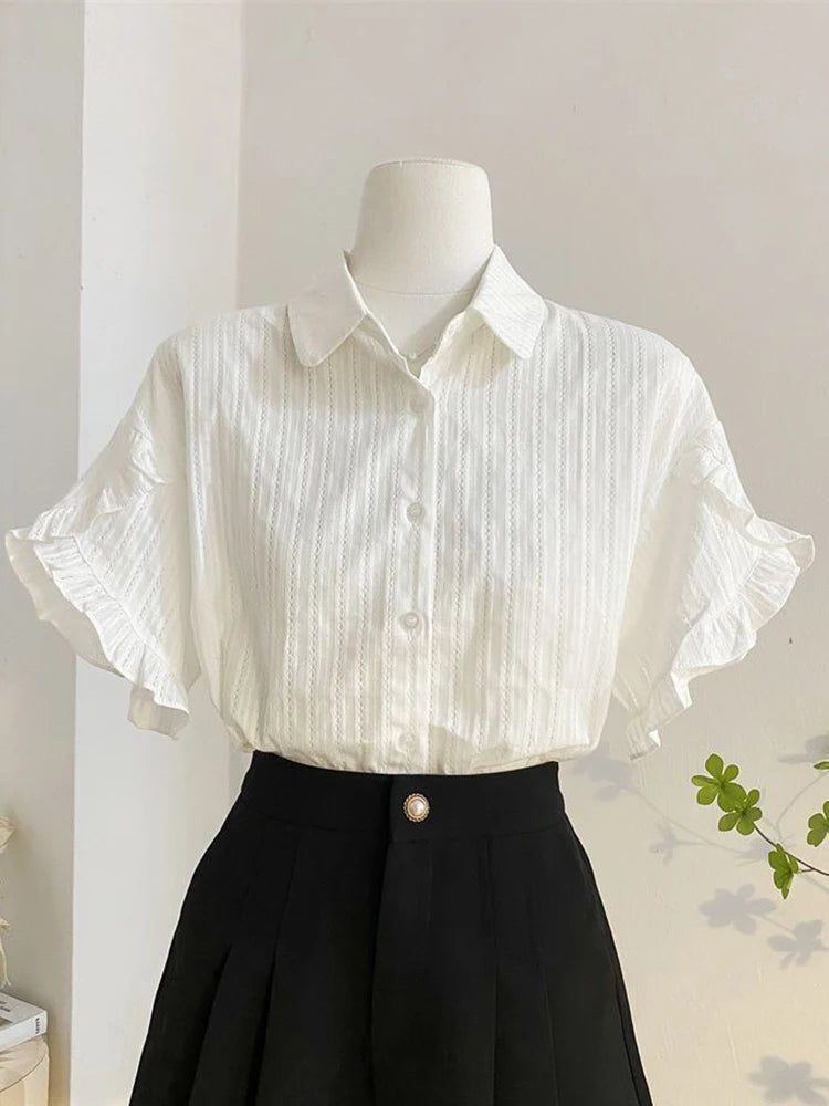 Lunivop  Fashion Casual White Shirt Women Sweet Flare Sleeve Cute Blouse Loose Preppy Style Female Summer Chic Simple All Match Tops