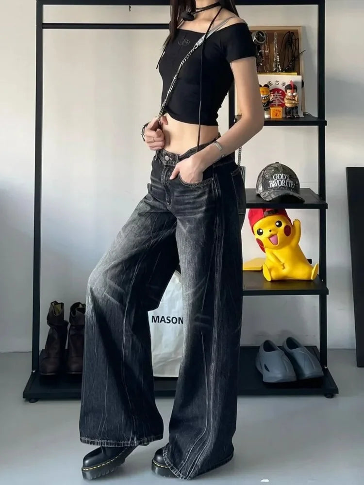 Lunivop Grunge Y2k Black Jeans Women Baggy Vintage High Street Oversized Denim Trousers Gothic Gyaru 2000s Acubi Fashion Jeans