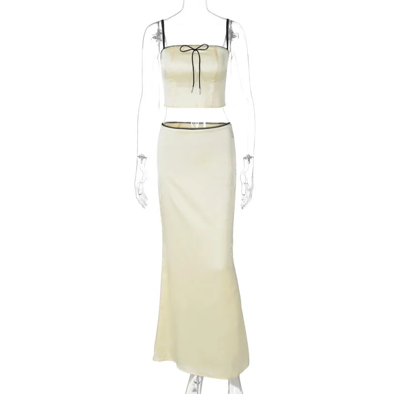Lunivop Satin Sleeveless Bow Short Camis Crop Top Long Skirt Women'S Sets Summer Y2K Streetwear Elegant Evening Casual Clothes