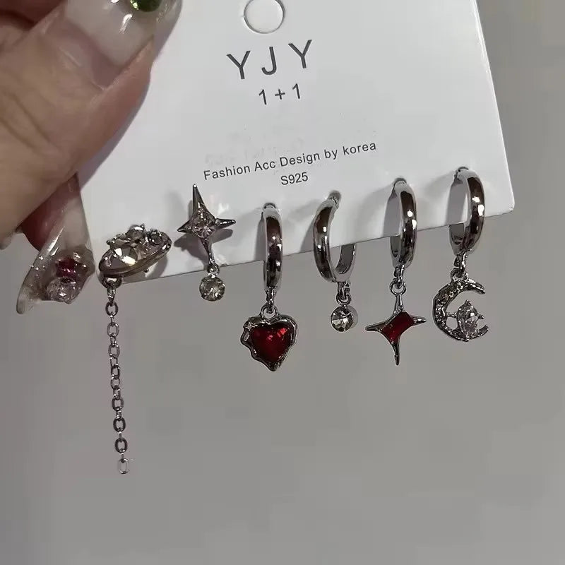 Lunivop Goth Red Crystal Star Cross Earring Set for Women Girl Vintage Aesthetic Heart Pendant Earring Trendy Y2K Jewelry Accessories