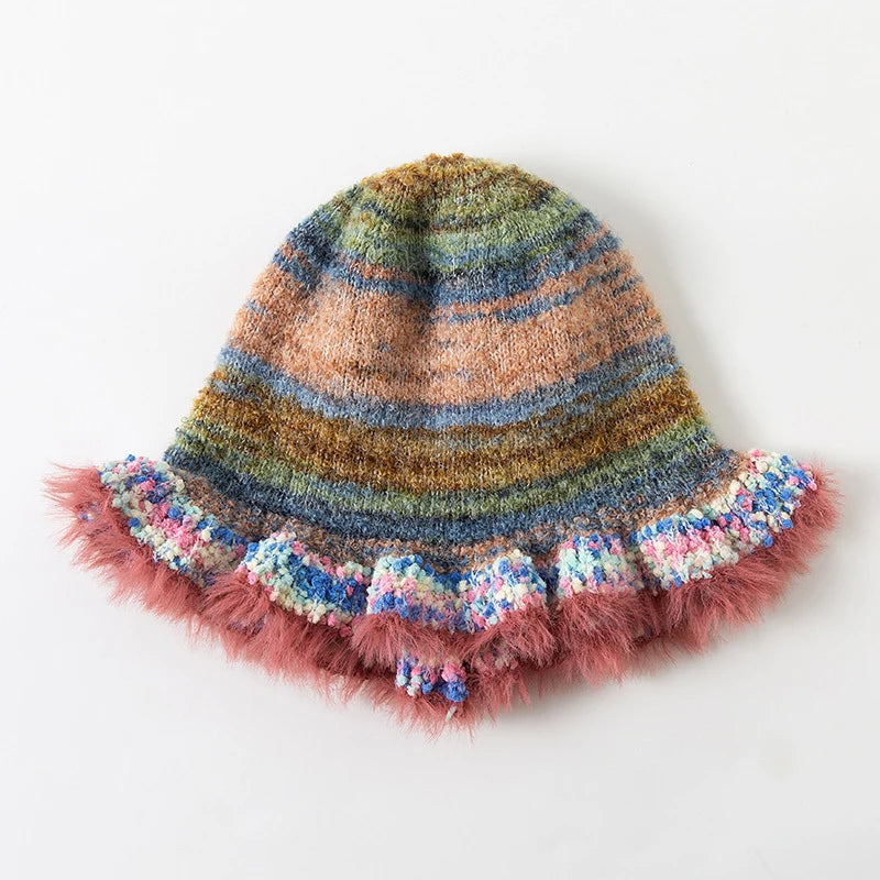 Lunivop Rainbow Knitted Hat Dopamine Fashion Retro Gradient Contrast Plush Ruffle Warmth Striped Oil Painting Woolen Fisherman Cap Decor