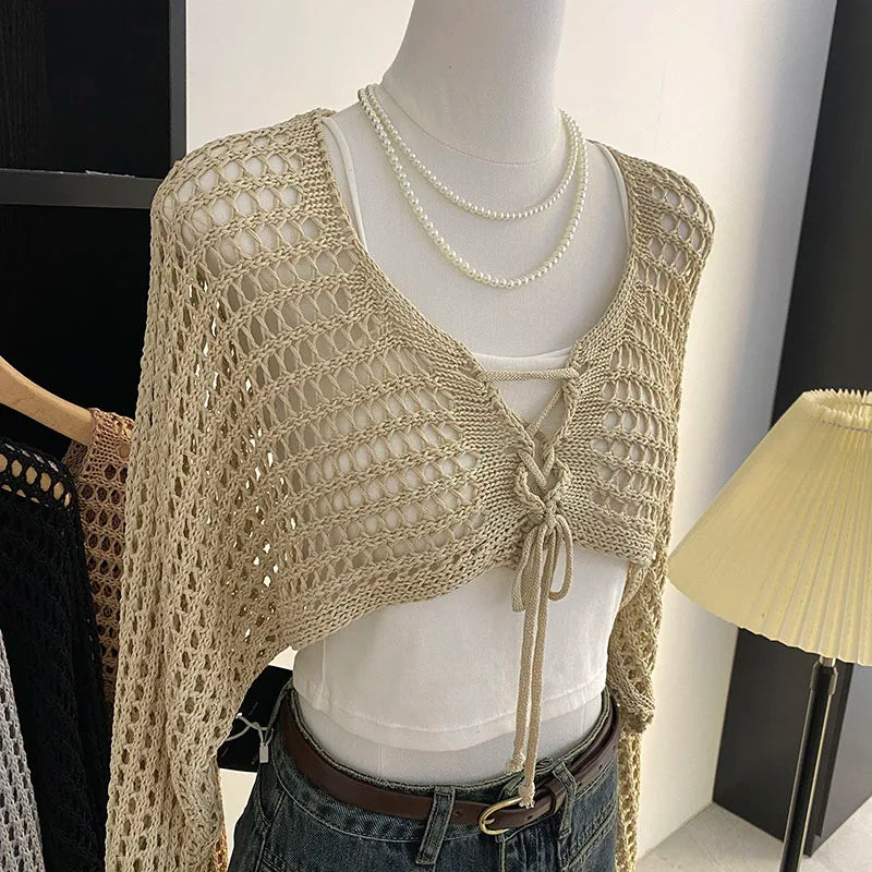 Lunivop Crochet Crop Tie Front Cardigan Women Long Sleeve Sheer OpenKnit Bolero Shrug Top Summer Beach Bikini Cover Up Y2K Outfit