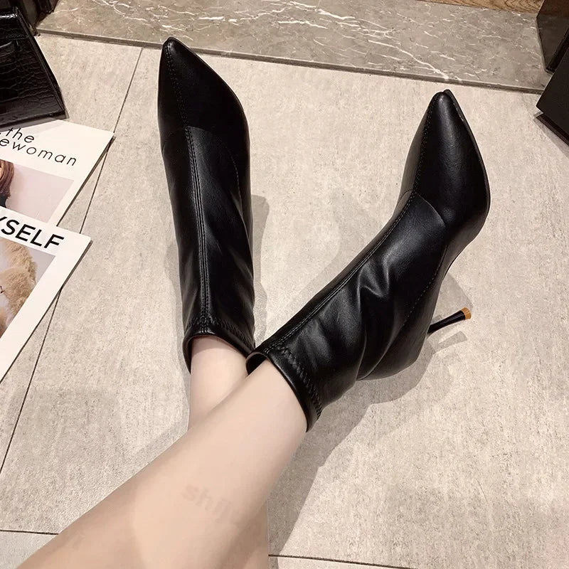 Lunivop Thin High Heel Women Elastic Short Boots Fashion Pointed Slip-on Slim Ankle Booties Autumn Winter Ladies Booties Botas De Mujer