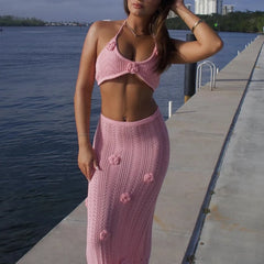 Lunivop  New Style Tie Up Top Slim Skirt Suit Knit Beachwear Cover Up With Flower Decoration Sexy Hollow Out Pool Party Bikini Cover-Up