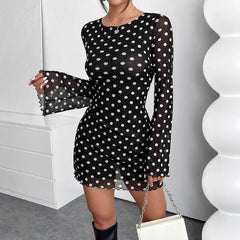 Lunivop  European American New Elegant Women's Mesh Polka Dot Print Round Neck Backless Long-sleeved Dress