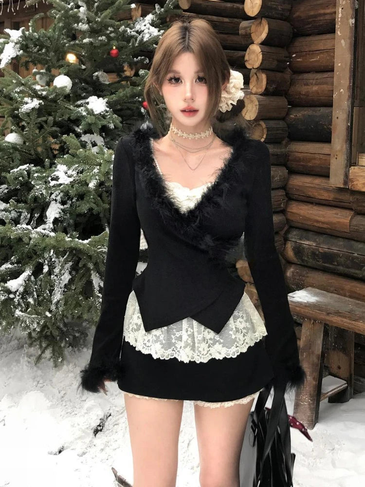 Lunivop Winter Y2k Aesthetic Two Piece Set Fur Patchwork Vintage Irregular Cropped T Shirt + Sweet Lace Bodycon Vest 2 Suits Harajuku