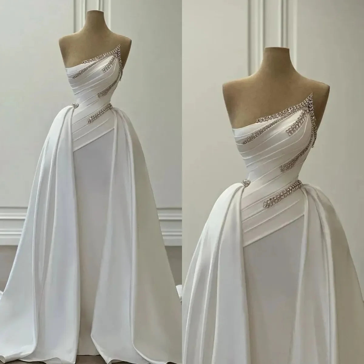 Lunivop  Elegant Crystal Beaded Wedding Dresses A Line Strapless Wedding Dress Overskirts Plus Size Sweep Train Dubai Qatar
