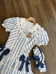 Lunivop  Sweet Cute Sailor Collar Striped Bow Dresses Slim Waist Cake Dress for Women Summer New Short Sleeve Vestidos Mujer