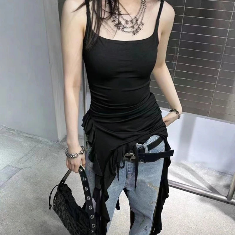 Lunivop Sexy Tank Top Asymmetrical Black Y2k Women Ruffle Grunge Backless Coquette Fashion Streetwear Tops Solid Aesthetics
