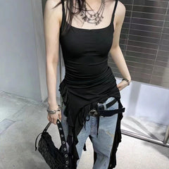Lunivop Sexy Tank Top Asymmetrical Black Y2k Women Ruffle Grunge Backless Coquette Fashion Streetwear Tops Solid Aesthetics