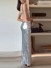 Lunivop  Sexy Sling Backless Silvery Maxi Dress For Women Fashion High Waist Bodycon Sleeveless Robes Female Evening Party Vestidos