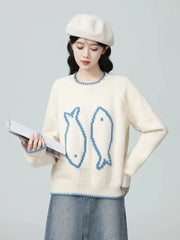 Lunivop O Neck Vintage Print Sweaters Women Preppy Style Japan Lazy Wind Knitted Jumper Loose Long Sleeve Retro Sweet Cute Pullover