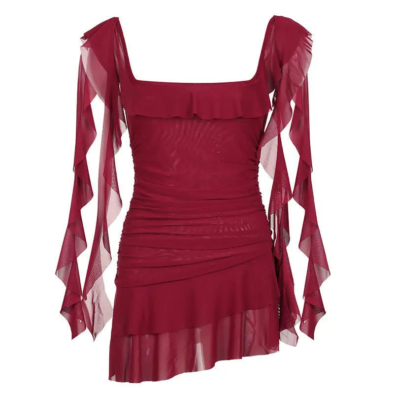 Lunivop  Y2k Aesthetic Vintage Gauze Grunge Dress Square Collar Pleated Mini Dresses Harajuku Flying Sleeves Irregular Ruffled Vestidos