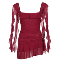 Lunivop  Y2k Aesthetic Vintage Gauze Grunge Dress Square Collar Pleated Mini Dresses Harajuku Flying Sleeves Irregular Ruffled Vestidos