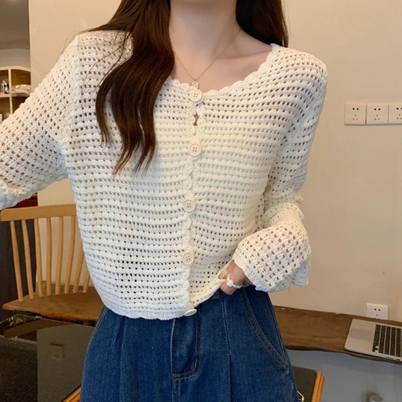 Lunivop Women Button Up Short Cardigan Knitted Shirt Hollow Out Crochet Crop Top Long Sleeved Thin Cover Up Teen-girl Casual Outfit