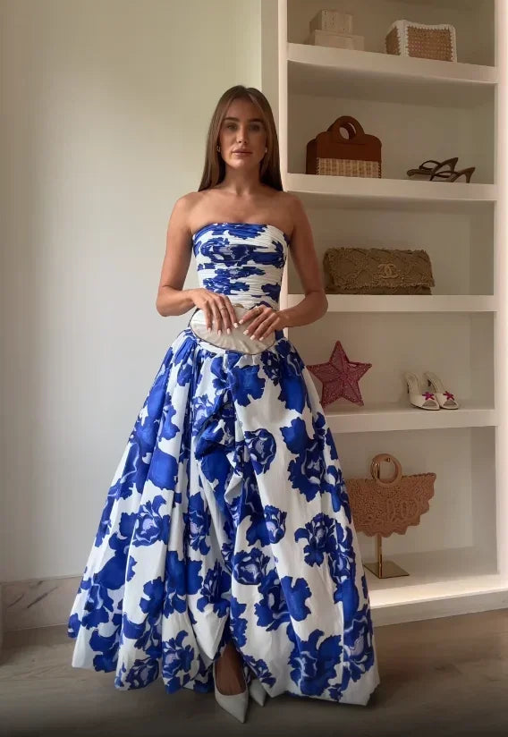 Lunivop  Women Fashion Strapless Pleated Print Maxi Dress Elegant Puff Hem High Waist Long Dresses Summer New Sexy Evening Party Robes