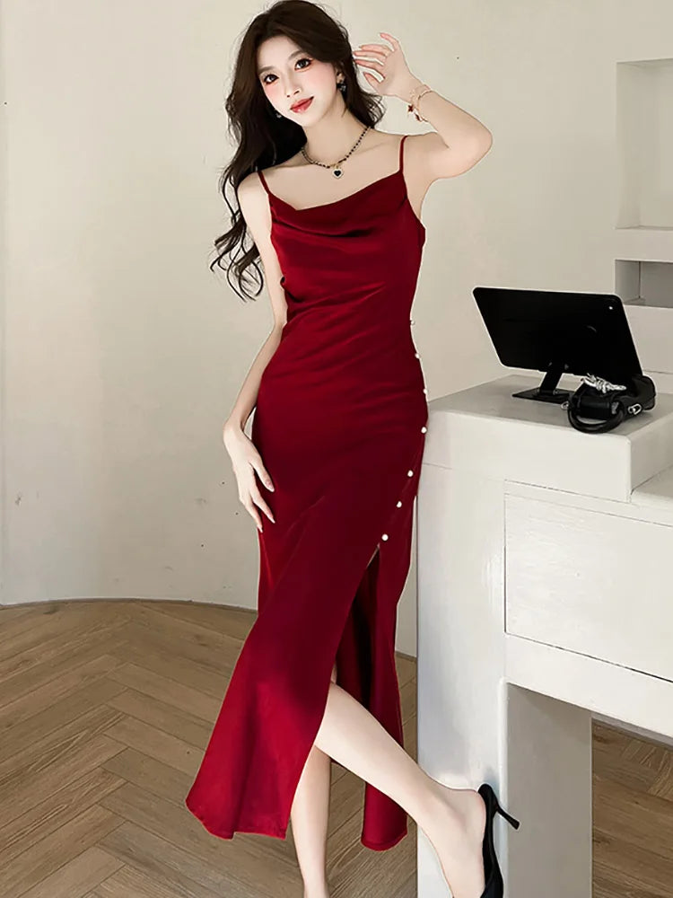 Lunivop  Summer Red Satin Elegant Sling Long Dress Women Fashion Chic Beading Slit Dresses 2025 Korean Vintage Luxury Party Evening Dress
