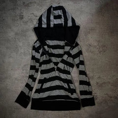 Lunivop  Y2k Women Hoodie Black And Gray Striped Hooded Sweatshirt Contrast Trim Cropped Hem Zip Up Hoodie Long Sleeve Sweatshirt