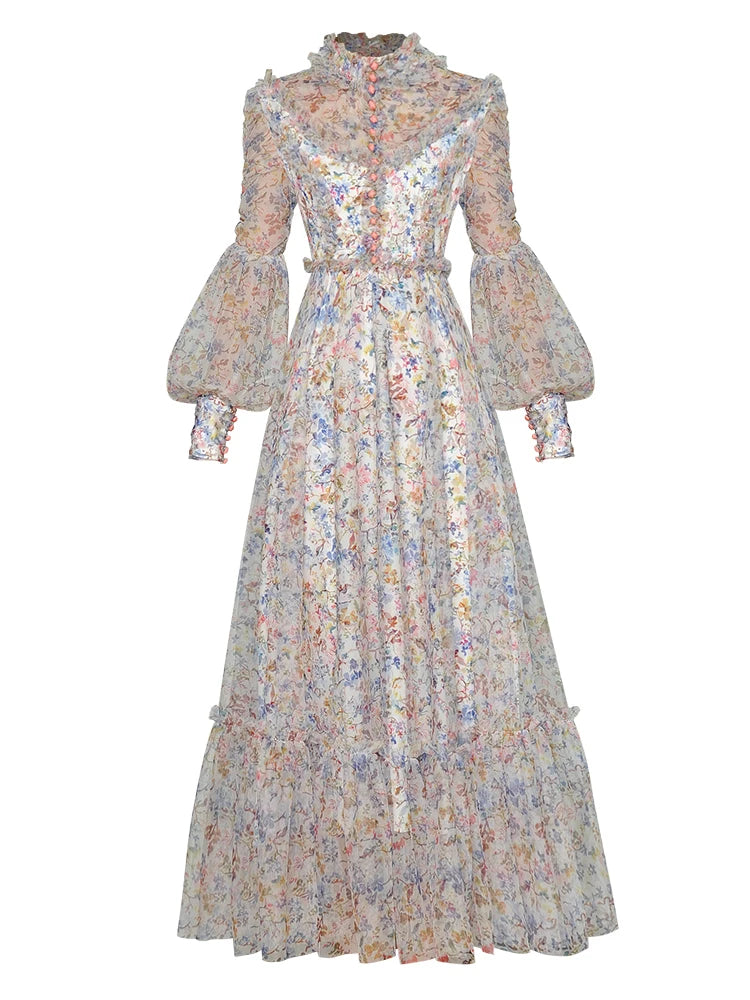 Lunivop Stand Collar Lantern Long Sleeve Mesh Floral Print Waist Cinching 2025 Spring New Big Swing Evening Wedding Dress