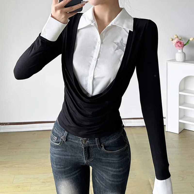 Lunivop  Korean Fashion False Two-piece Casual Blouses Woman Preppy Style Lapel Street Shirts Slim Fit Long Sleeves Female Tops