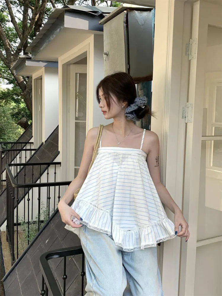 Lunivop  Striped Camis Women Lace Patchwork Summer Fashion Loose Slash Neck Chic Sweet Tank Tops Female Casual Backless
