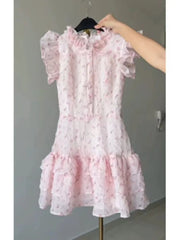 Lunivop  Sweet Floral Flying Sleeve Chiffon Dress for Women Summer Slim Waist Cake Dresses New O-neck Bow Lace Up Vestidos De Mujer