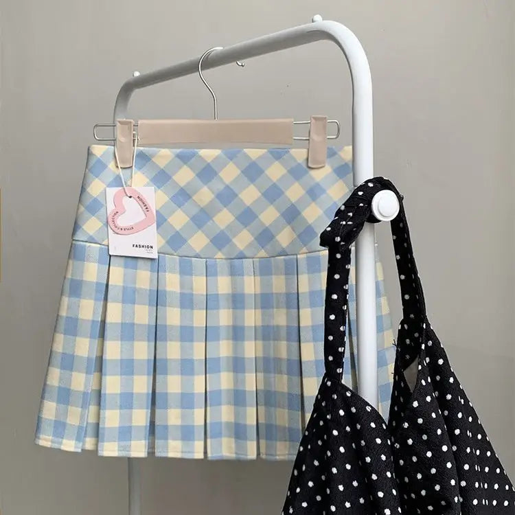 Lunivop  American Blue Constrast Color Plaid Pleated Short Skirt Y2k All Match Preppy Style Women Clothes Harajuku Spring Autumn Skirt