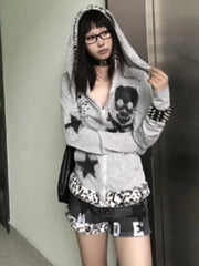 Lunivop Japanese Punk Skull Print Hoodie Coats Streetwear Vintage Rabbit's Ears Slim Sweatshirts Y2k Aesthetic Casual Patchwork Hoodies