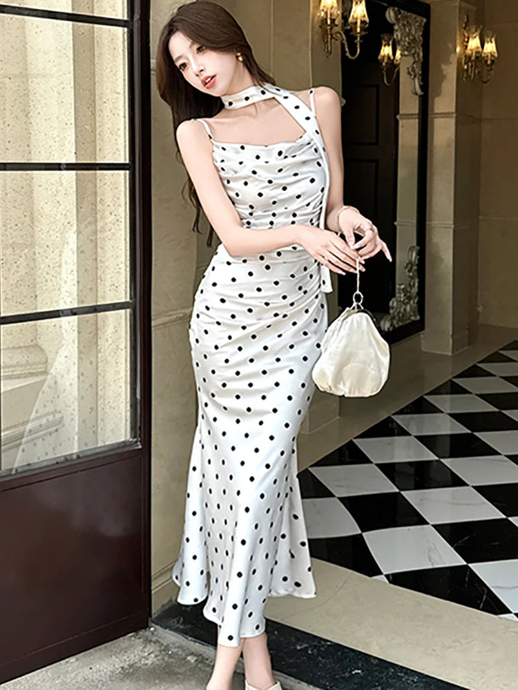Lunivop  Summer Satin Polka Dot Chic Sling Sexy Long Dress Women Elegant Luxury Ruffled Mermaid Dress 2025 Korean Vintage Bodycon Dresses