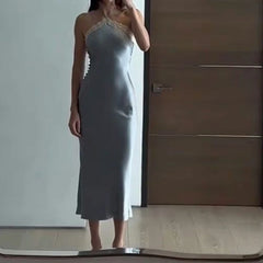 Lunivop   Candyhot Sexy Satin Off Shoulder Halter Neck Maxi Dresses Aesthetic Lace Backless Stitch Sundress Summer Elegant Party Robe