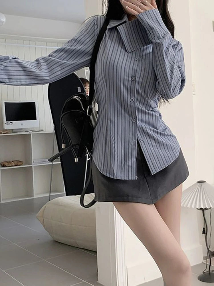 Lunivop Harajuku Retro Striped Shirt Women Korean Fashion Slim Embroidery Blouse Preppy Style All Match Long Sleeve Casual Tops