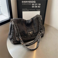 Lunivop  Harajuku Style Vintage Denim Tote Bag Women Casual Commute Large Capacity Shoulder Bag Ladies Versatile Chain Crossbody Bag