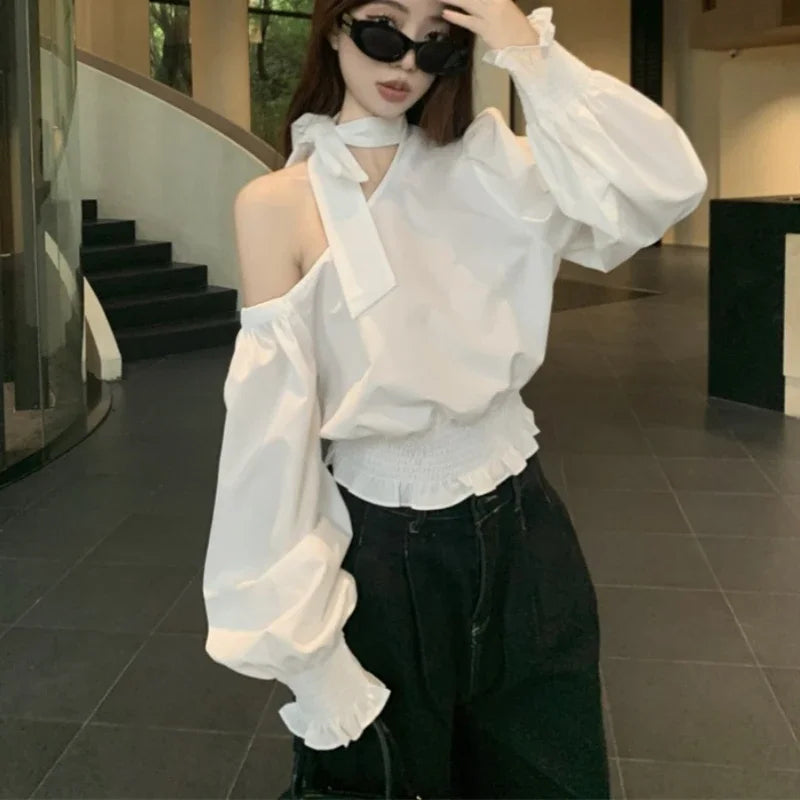 Lunivop High Street Strapless Lace-up Loose Long Sleeve Shirt Women Autumn New Korean Skew Collar Solid Color Casual Ruffled Blouse