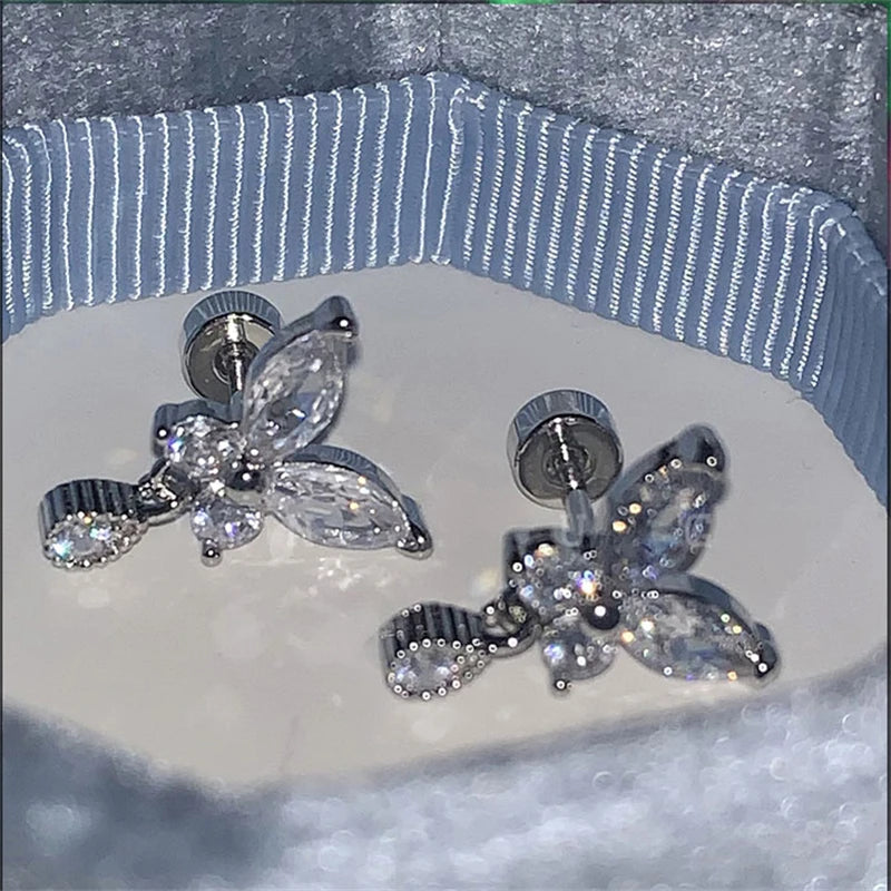 Lunivop Shiny Hollow Silver Color Rhinestone Butterfly 316L Stainless Steel Ear Bone Nail Delicate Waterproof Small Earrings for Women