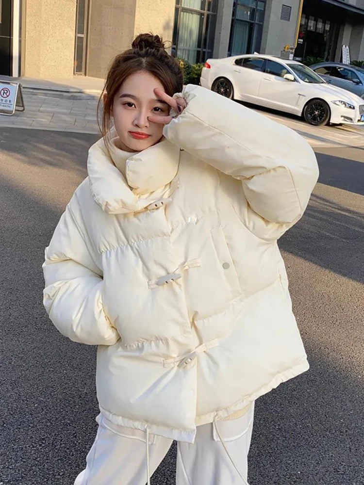 Lunivop Cute Preppy Style Sweet Puffy Parkas Women Loose Vintage Long Sleeve Cotton Coat Casual Stand Collar Winter Warm Thick Jacket