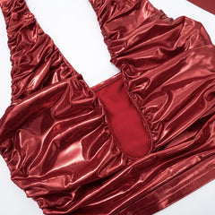 Lunivop  Metallic Gilding 2 Piece Set Women Shiny Sexy Deep V Neck Lace Up Halter Backless Ruched Tank Crop Top + Tight Calf-length Pants