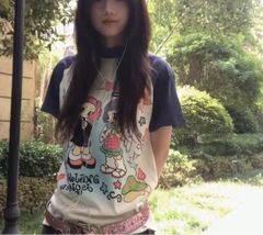 Lunivop  Women T Shirts Cartoon Printed Patchwork Vintage Y2k Tops Summer 2025 Fashion O Neck Funny Sweet Female Casual Tshirt
